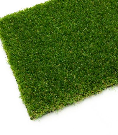 Dluxe 40mm Artificial Grass – Detailed Close-Up of Soft, Three-Tone Green & Brown Thatch Fibers