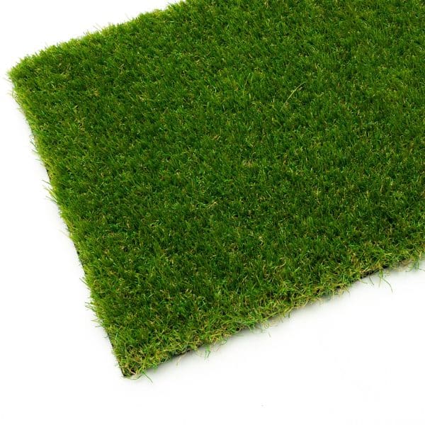 Dluxe 40mm Artificial Grass – Detailed Close-Up of Soft, Three-Tone Green & Brown Thatch Fibers